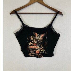 Fairycore Butterfly Graphic Cami Top Women Size S Black Lace Trim Cropped Y2K
